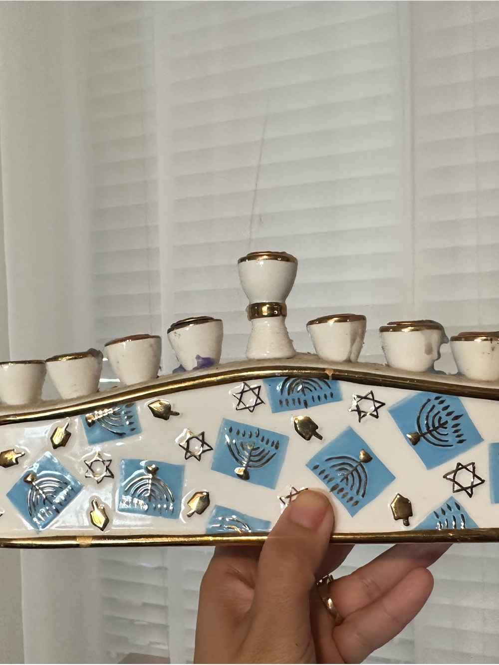 Vintage Ceramic White and Blue Menorah with Gold Accents